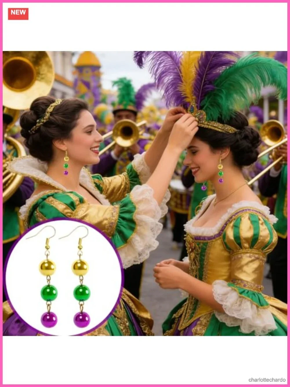 Mardi Gras Beaded Dangle Earrings Gold Plated Stainless Steel French Hook